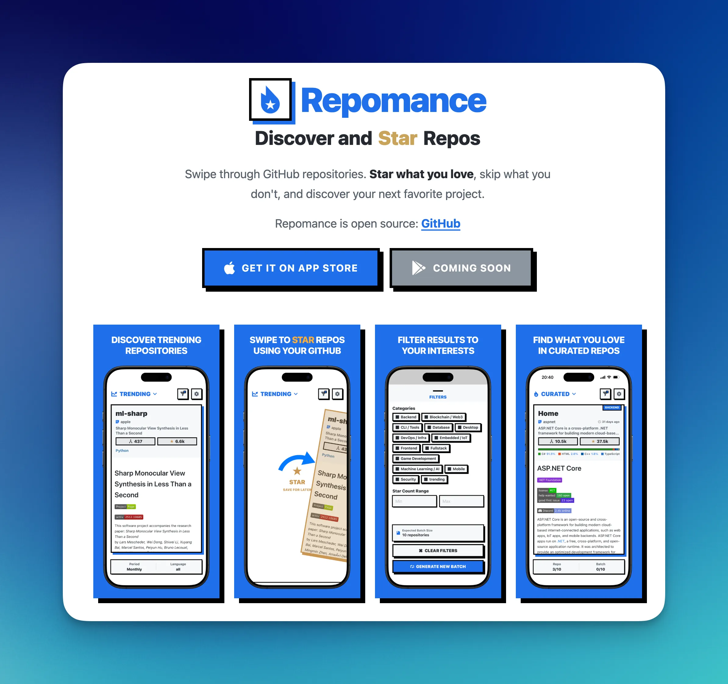 Aperçu de l'interface de swipe Repomance