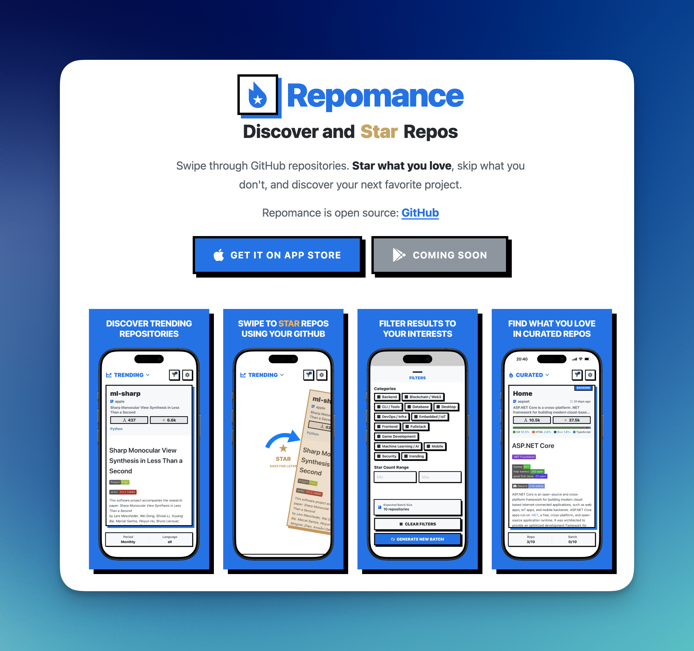 Aperçu de l'interface de swipe Repomance