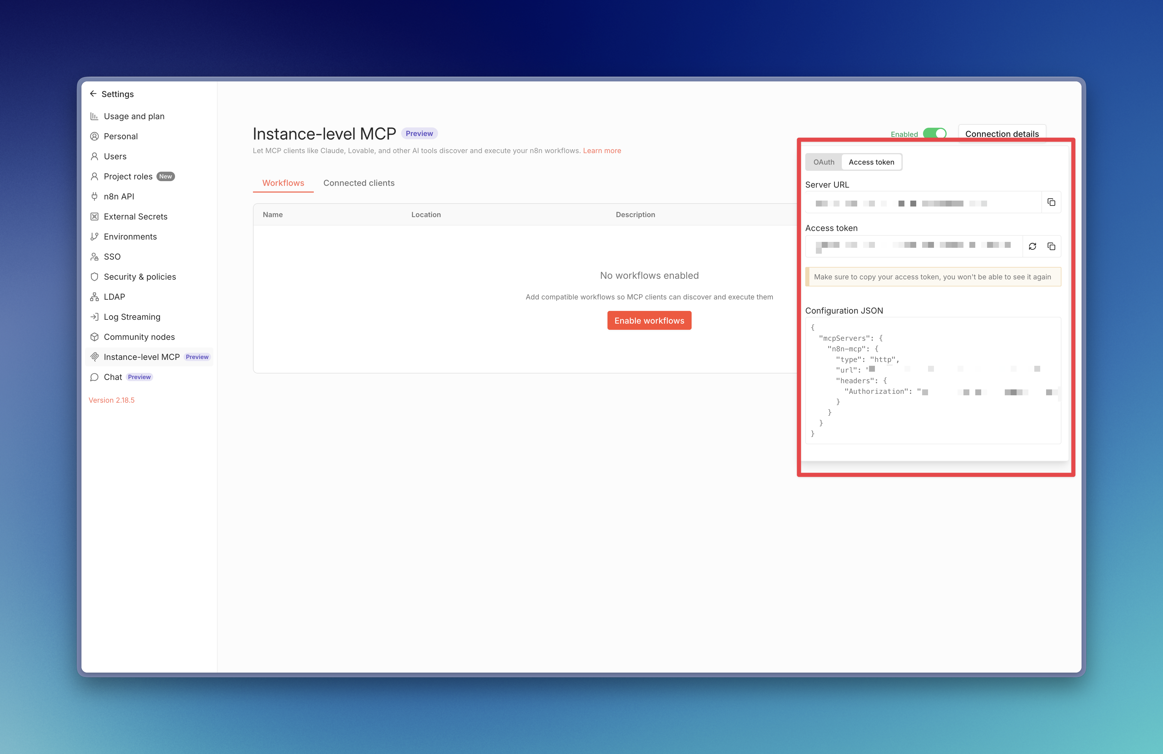 Génération de la clé API dans n8n